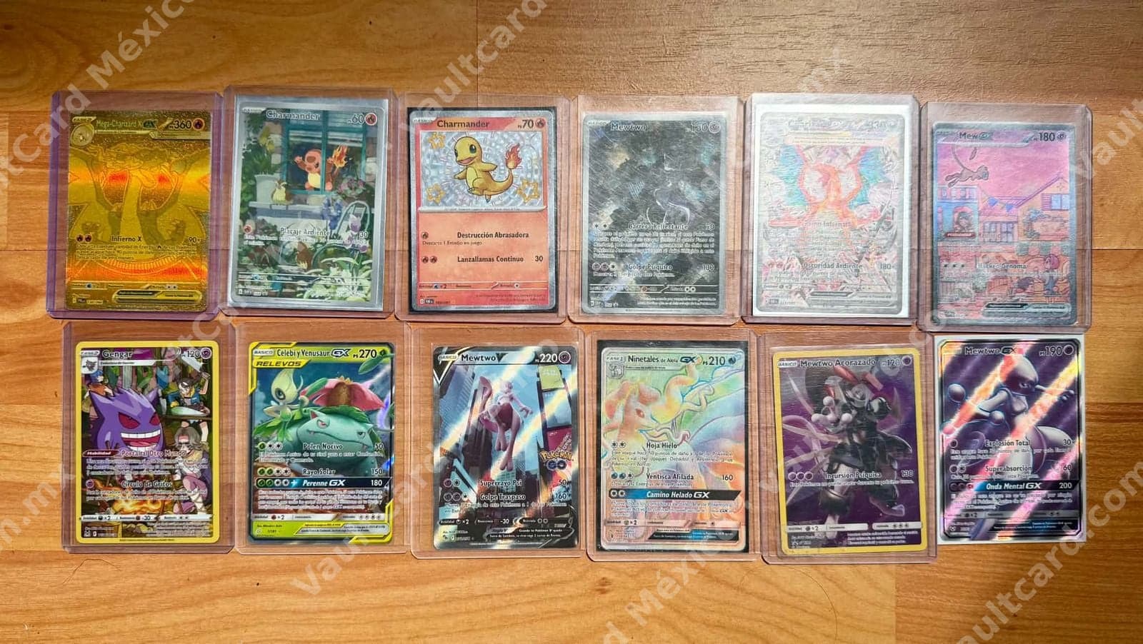 Lote de 12 cartas Pokémon en Español - Charizard, Mewtwo, Mew ex, GX y más