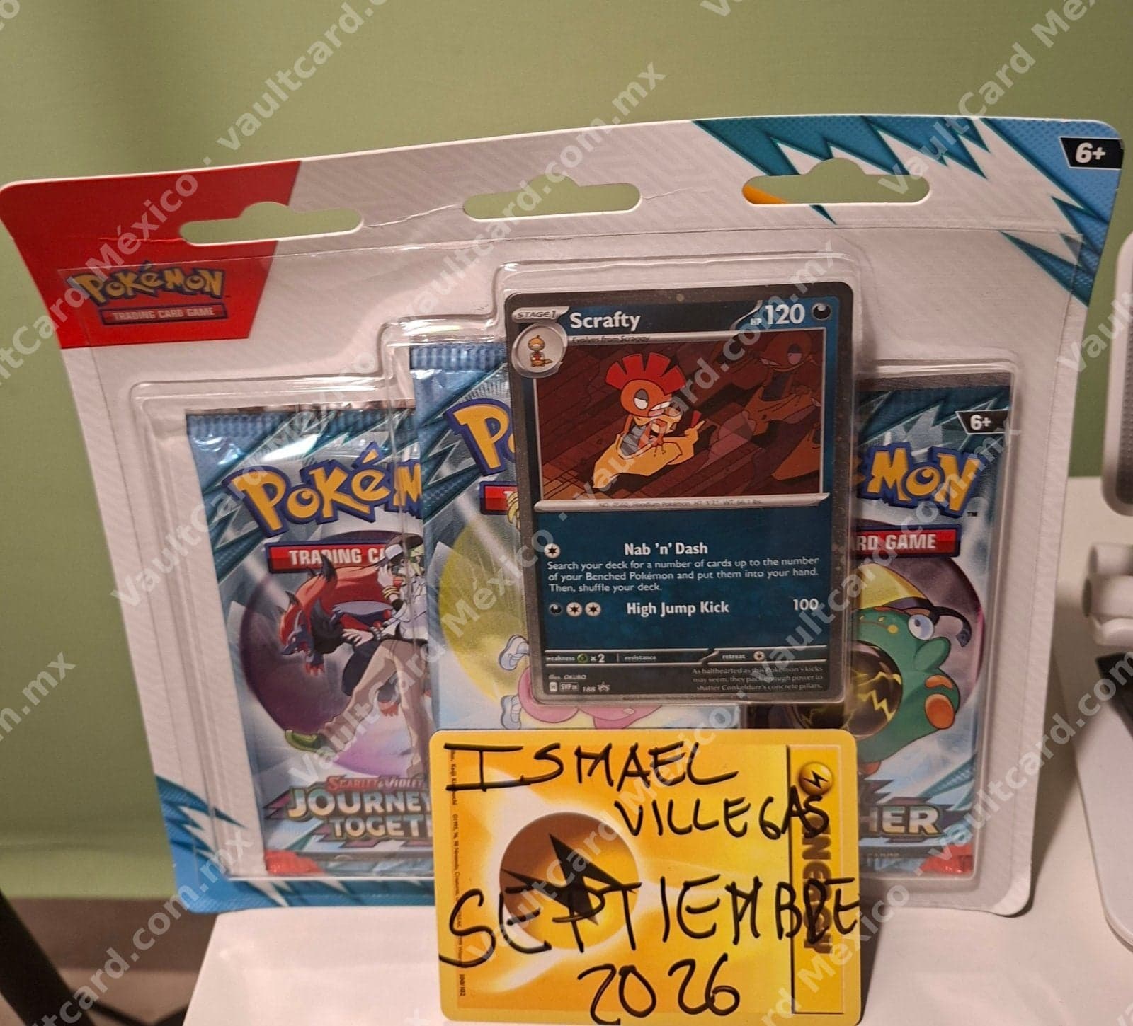 Blister 3 Sobres Pokémon Journey Together con Promo Scrafty 188 (SVP) Inglés