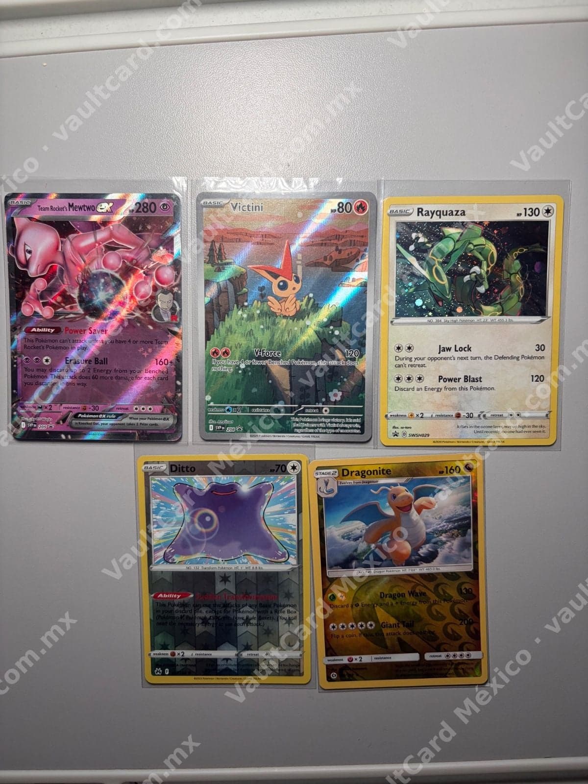 Lote 5 cartas Pokémon TCG Inglés - Mewtwo ex, Victini, Rayquaza, Ditto, Dragonite