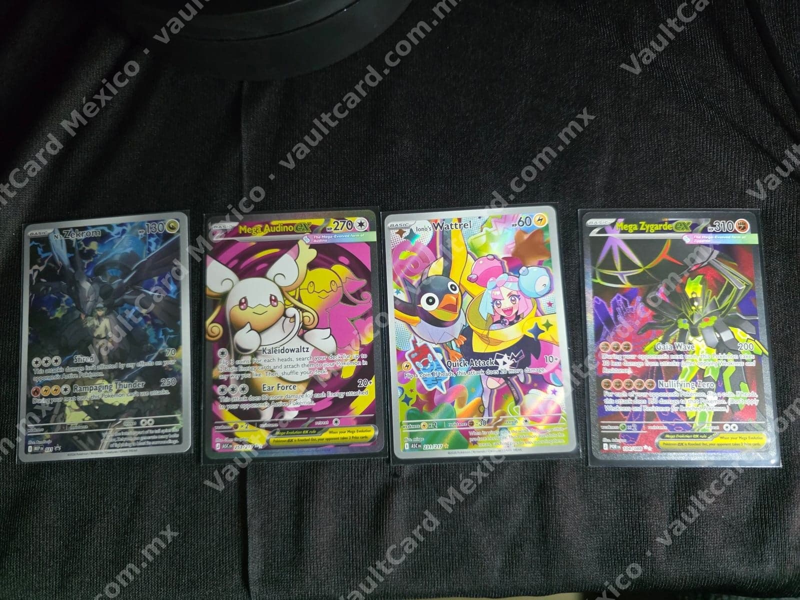 Lote 4 Cartas Pokémon TCG - N's Zekrom, Mega Audino ex, Iono's Wattrel y Mega Zygarde ex (Inglés) — foto 1