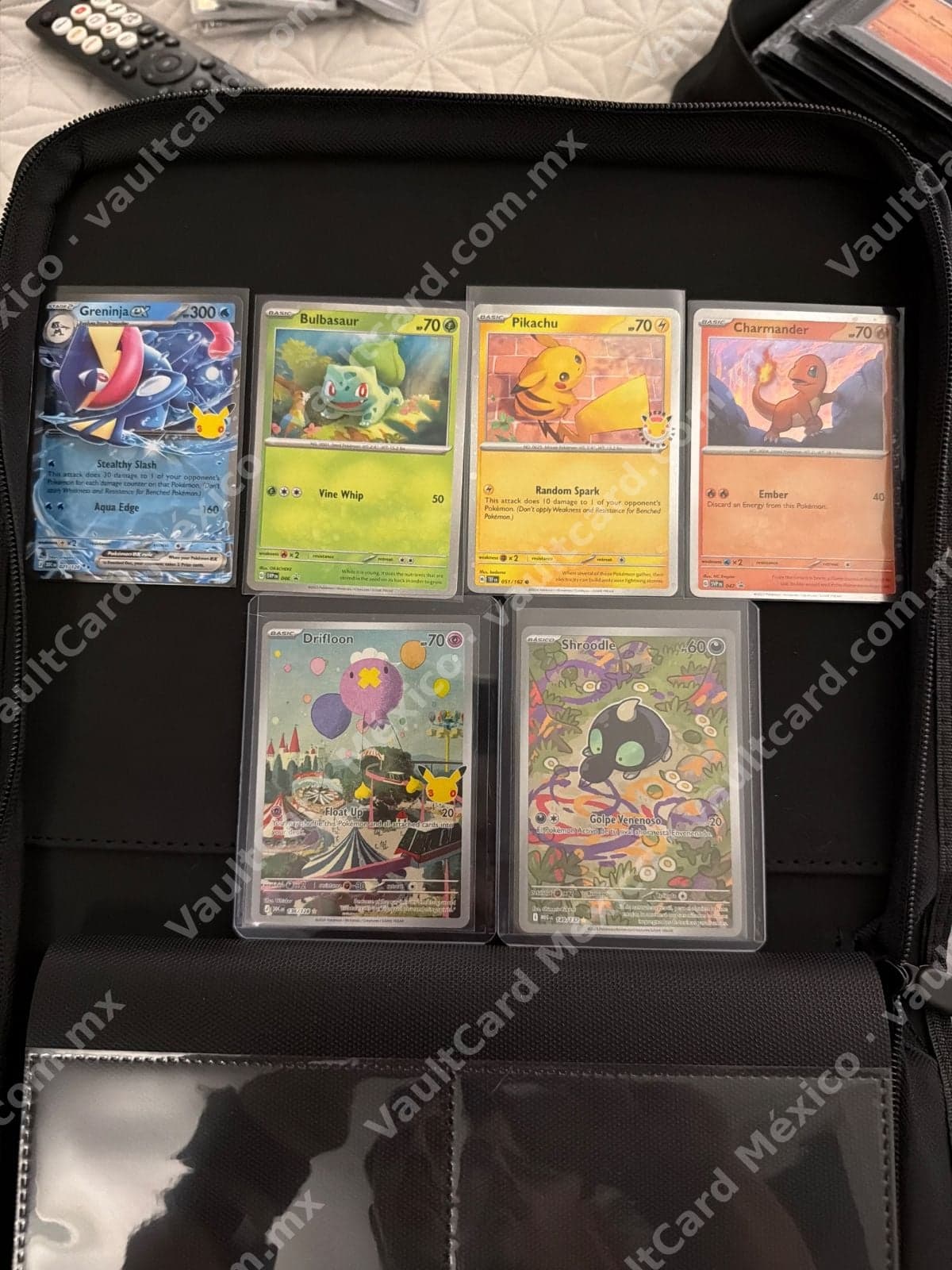 Lote de 6 cartas Pokémon TCG - Greninja ex, Bulbasaur, Pikachu, Charmander, Drifloon y Shroodle