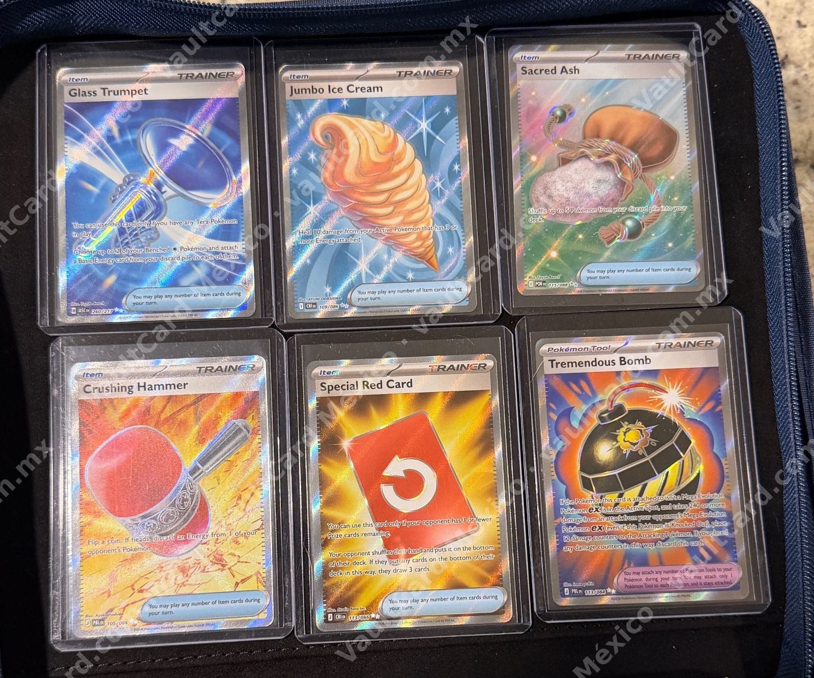 Lote 6 Cartas Trainer Full Art - Glass Trumpet, Jumbo Ice Cream, Sacred Ash y más - Inglés
