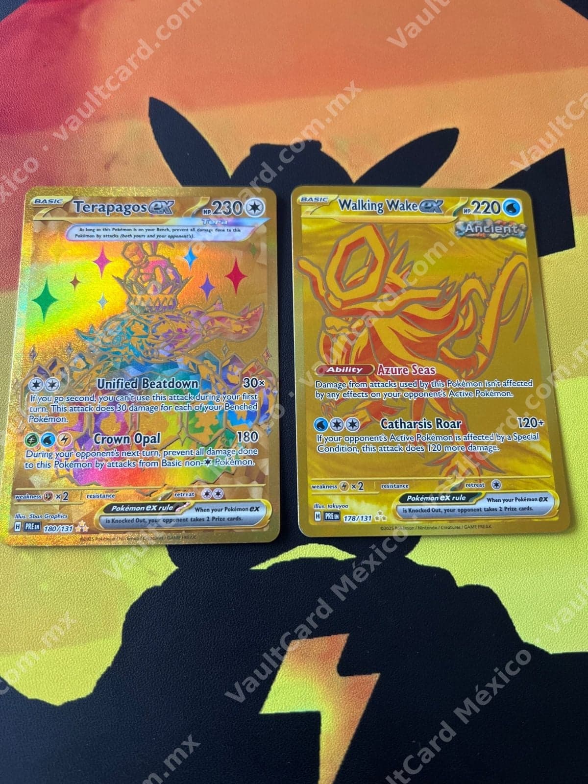 Lote 2 Cartas Gold: Terapagos ex 180/131 y Walking Wake ex 178/131 (PRE) Inglés
