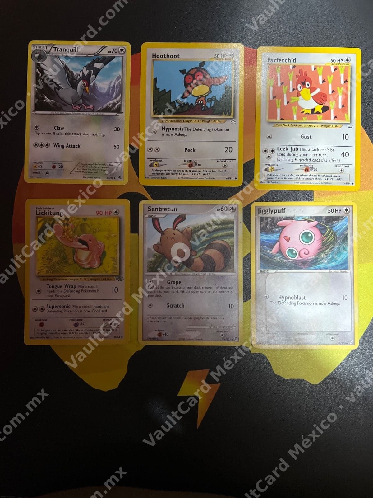 Lote 6 Cartas Pokémon Inglés - Tranquill, Hoothoot, Farfetch'd, Lickitung, Sentret, Jigglypuff