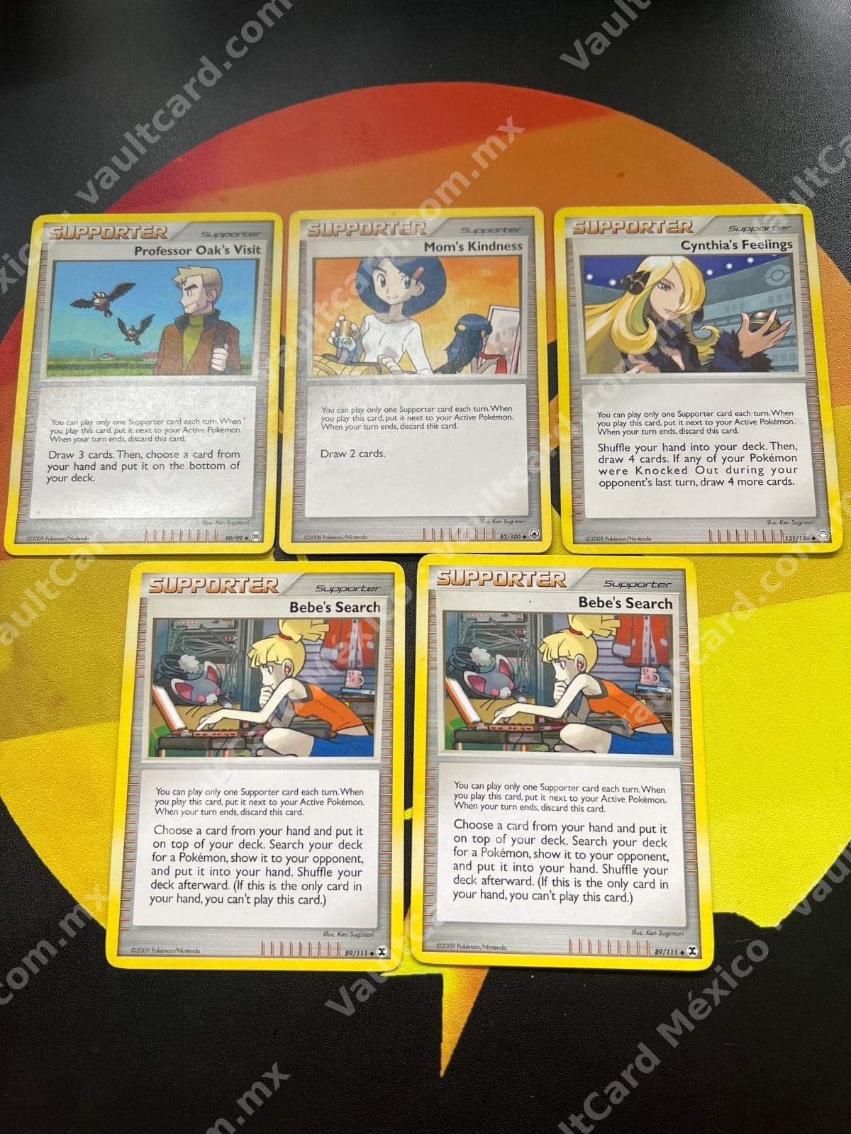 Lote 5 Cartas Supporter Pokémon TCG - Professor Oak's Visit, Mom's Kindness, Cynthia's Feelings, Bebe's Search x2 - Inglés