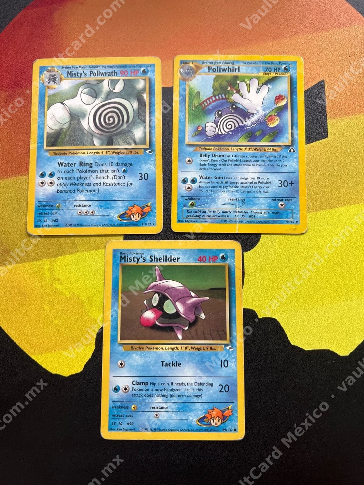 Lote 3 cartas Pokémon WOTC - Misty's Poliwrath 31/132, Poliwhirl 44/75, Misty's Shellder 89/132 Inglés