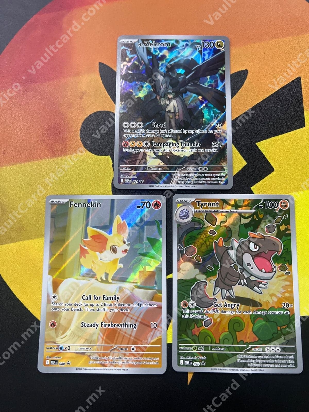 Lote 3 Cartas Promo Pokémon - N's Zekrom 031, Fennekin 080, Tyrunt 070 (MEP) Inglés