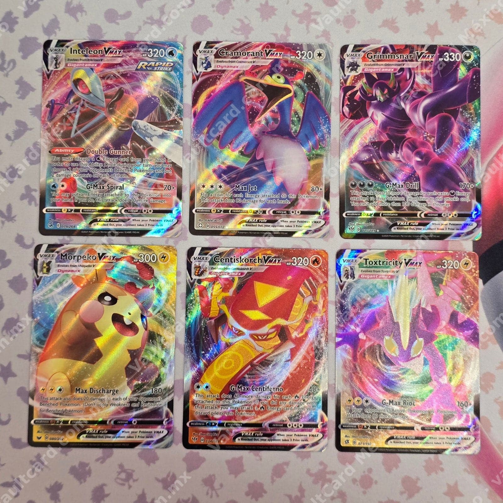 Lote 6 Cartas VMAX Pokémon TCG - Inteleon, Cramorant, Grimmsnarl, Morpeko, Centiskorch, Toxtricity (Inglés)