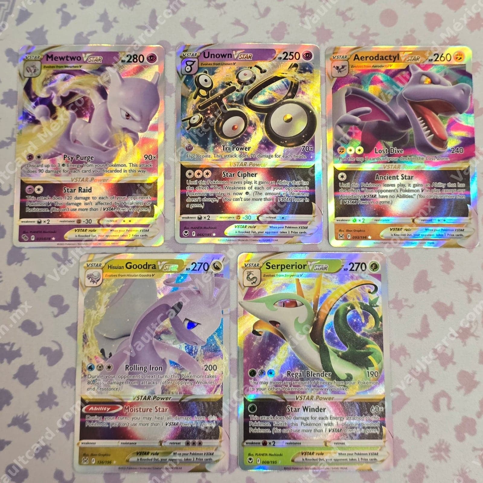 Lote 5 Cartas Pokémon VSTAR - Mewtwo, Unown, Aerodactyl, Hisuian Goodra y Serperior - Inglés