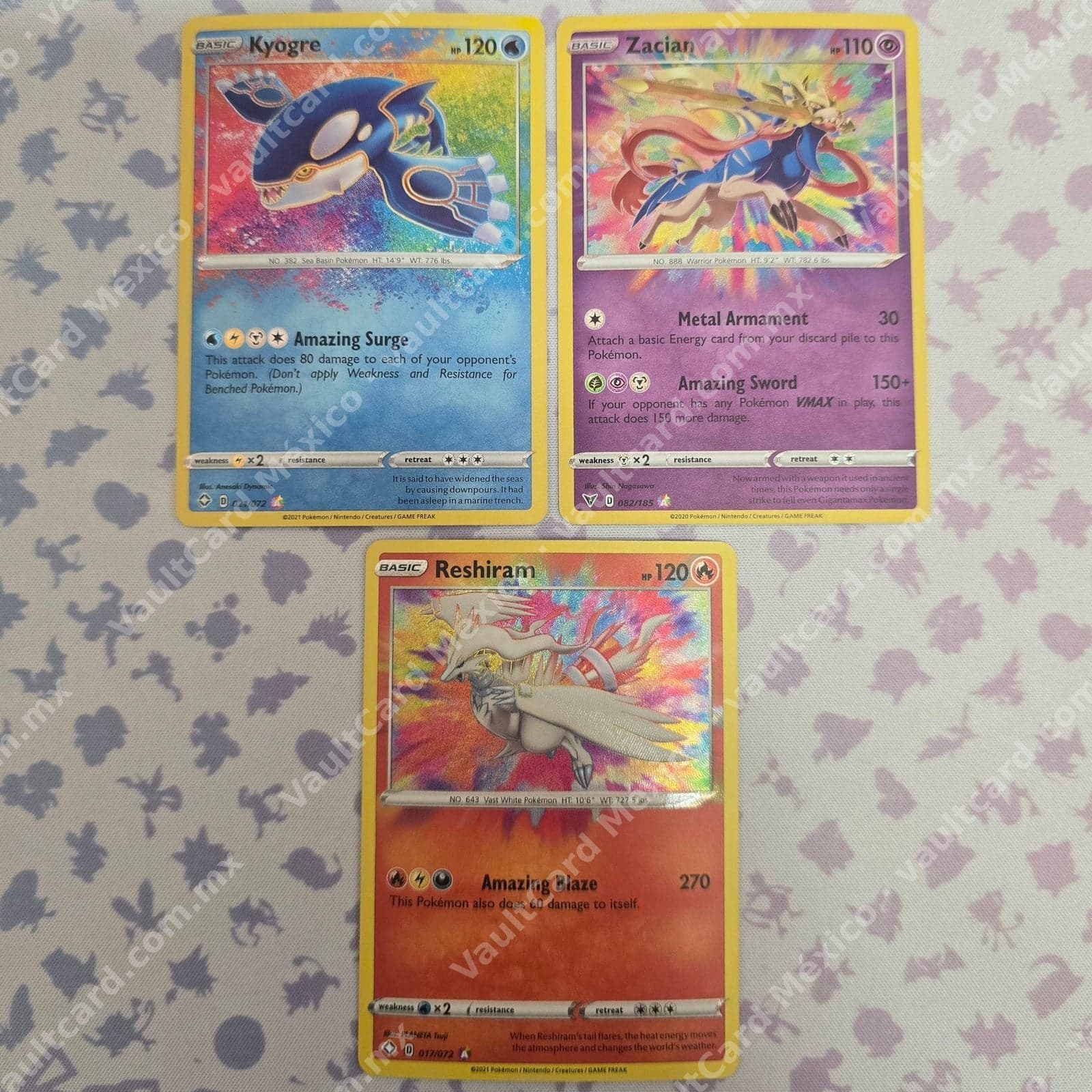 Lote 3 Cartas Amazing Rare - Kyogre 021/072, Reshiram 012/072 y Zacian 082/185 Inglés