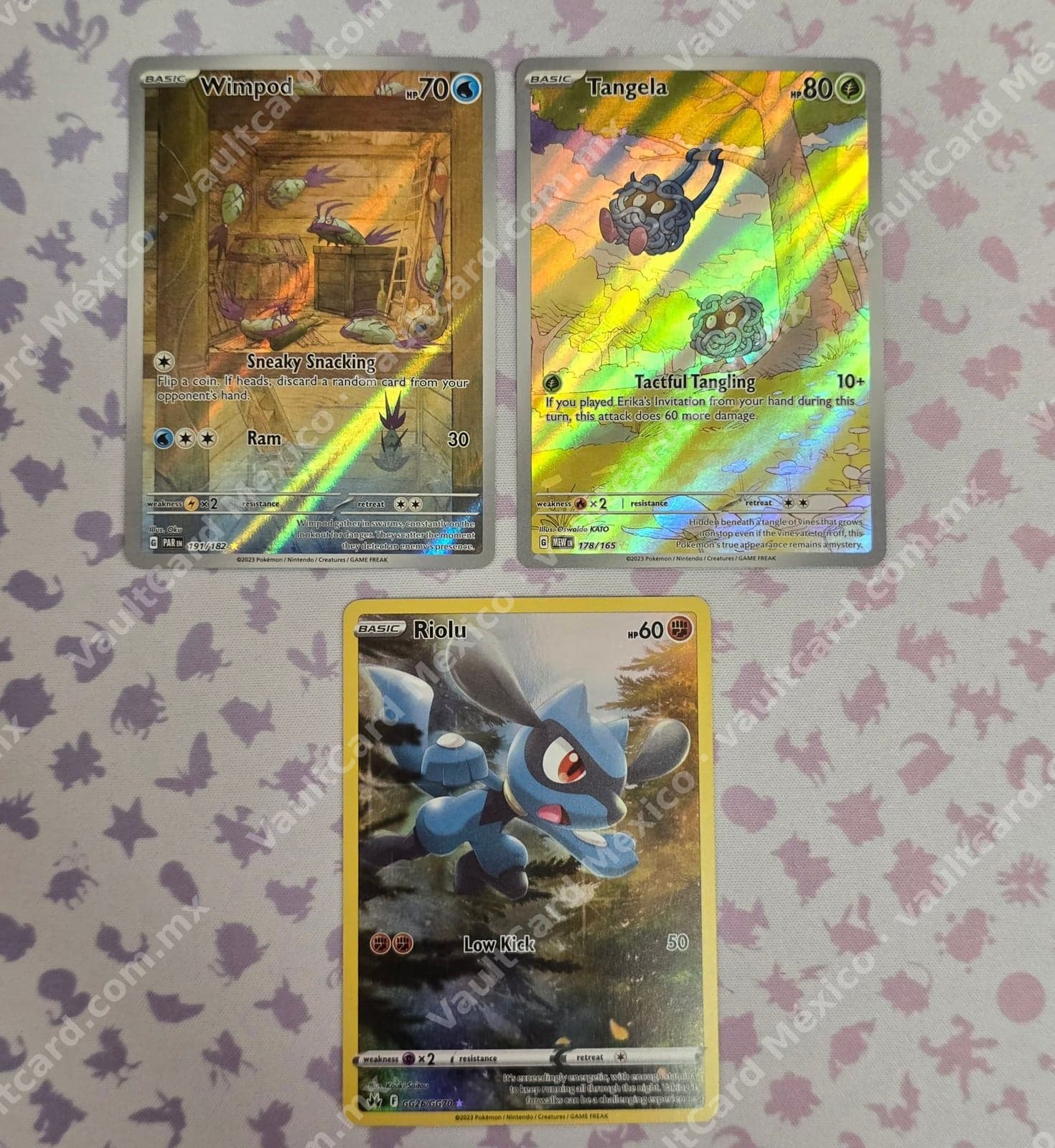Lote 3 Cartas Illustration Rare - Wimpod 191/182 (PAR), Tangela 178/165 (MEW), Riolu GG20 (Crown Zenith) Inglés