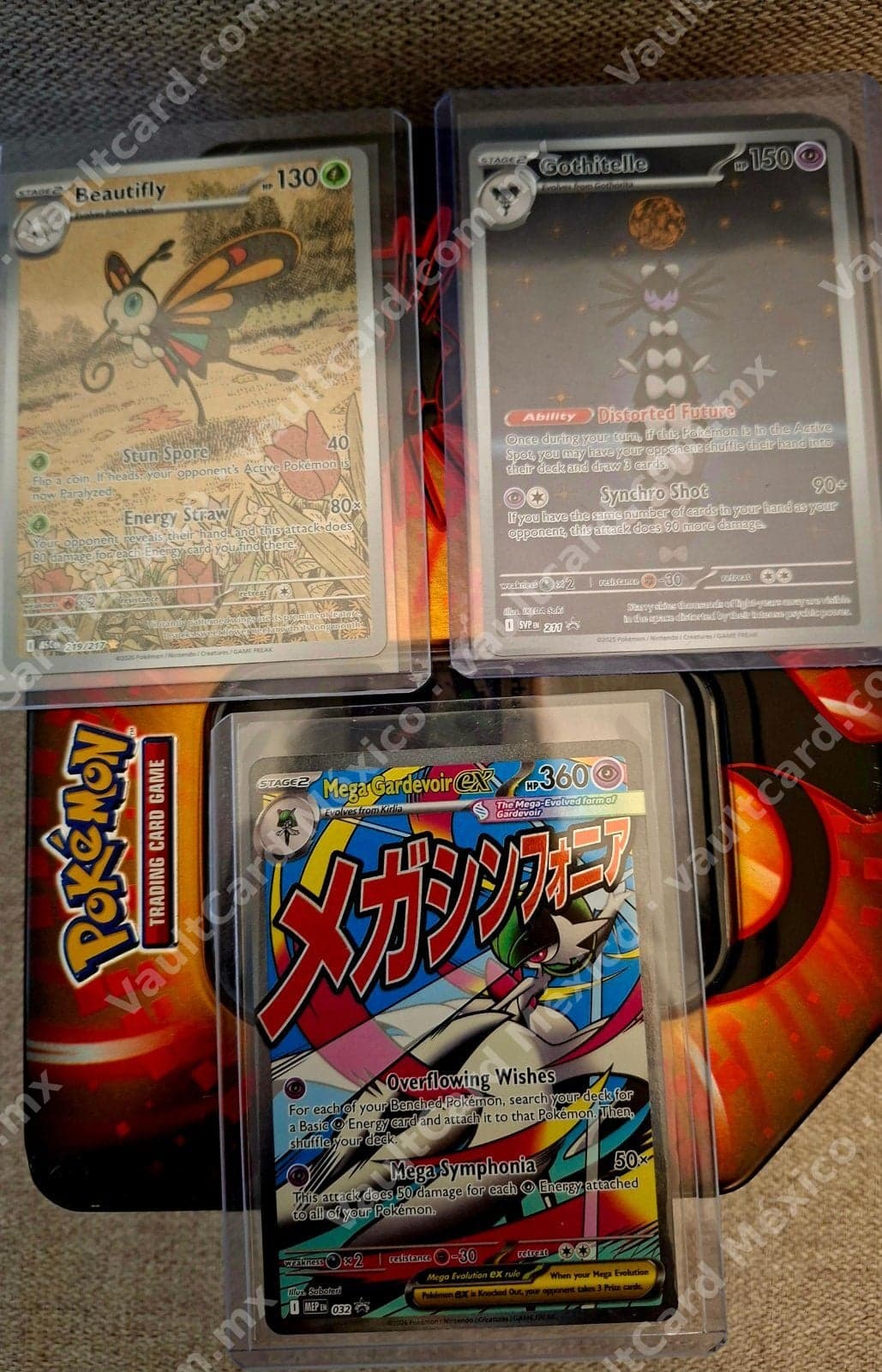 Lote Pokémon TCG Inglés: Mega Gardevoir ex 032 (MEP), Gothitelle 211 (SVP) y Beautifly 219/217 (ASC)