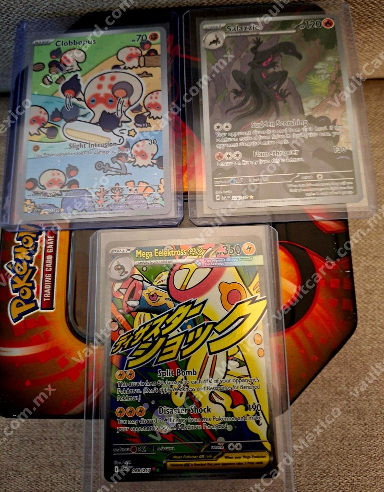 Lote 3 Cartas Pokémon - Mega Eelektross ex 265/217 (ASC), Salazzle 224/217 (ASC) y Clobbopus 207/191 Inglés