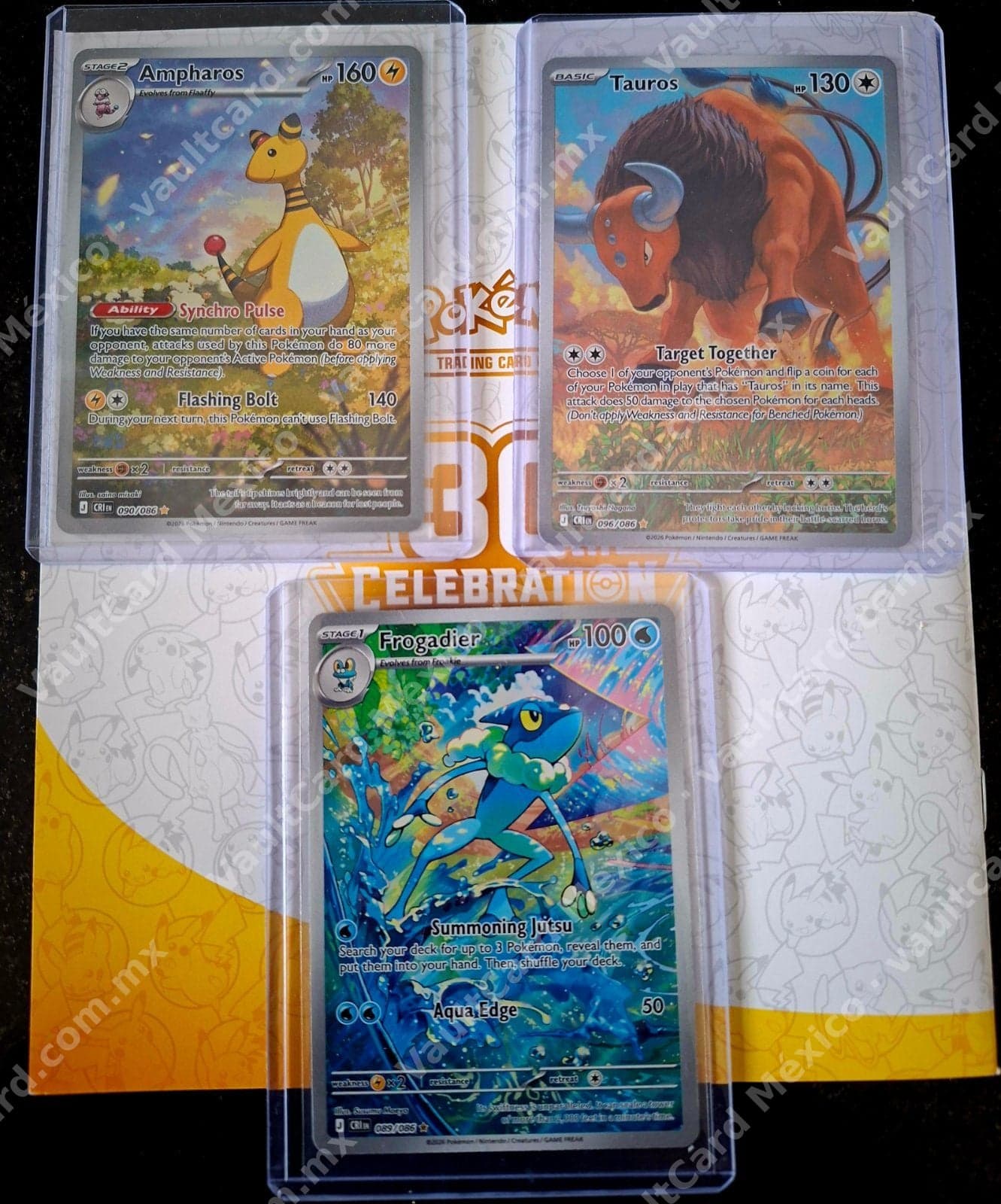 Lote 3 Cartas Illustration Rare - Ampharos, Tauros y Frogadier (CRI) Inglés