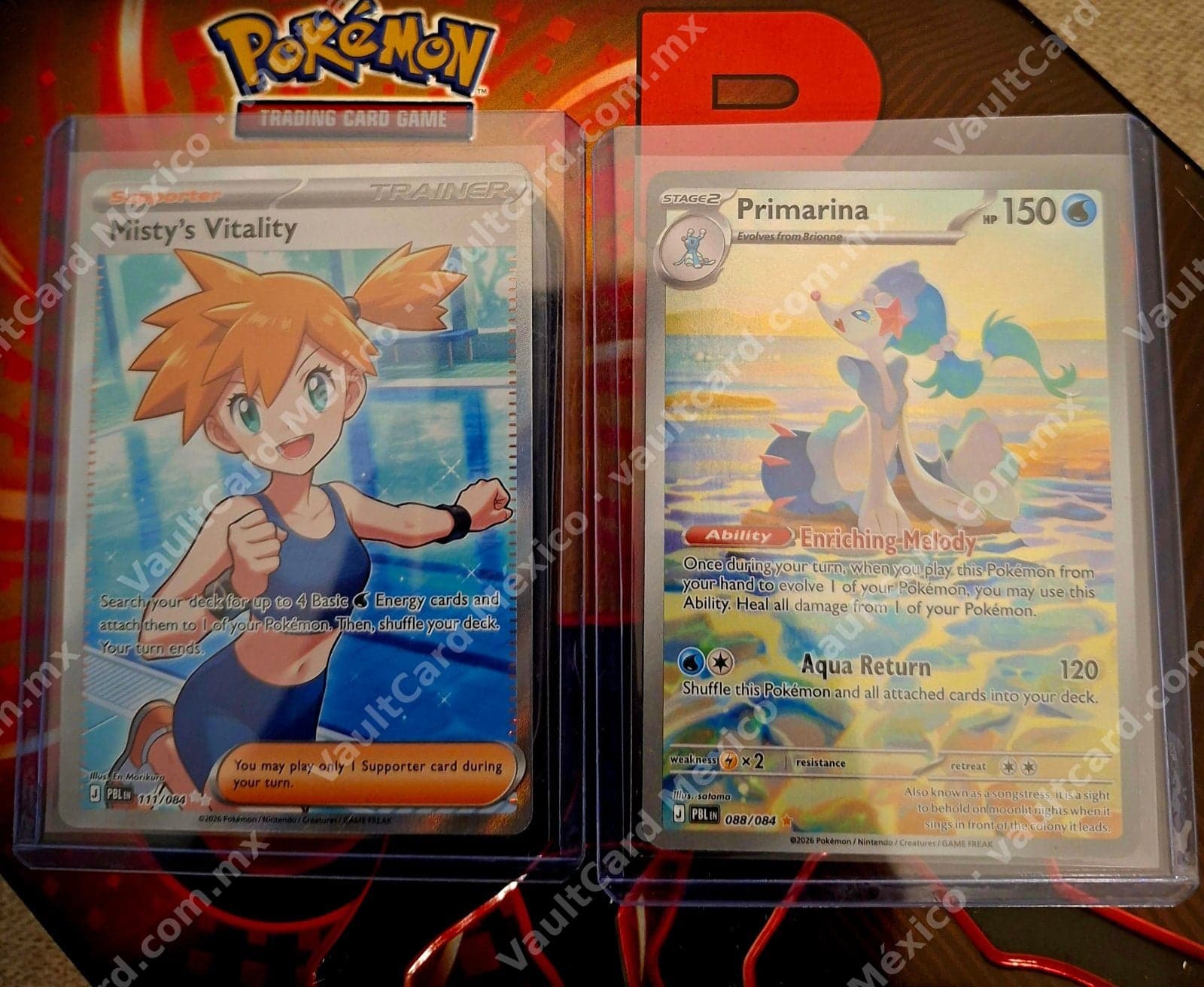 Lote 2 cartas: Primarina 088/084 + Misty's Vitality 111/084 (PBL) Inglés