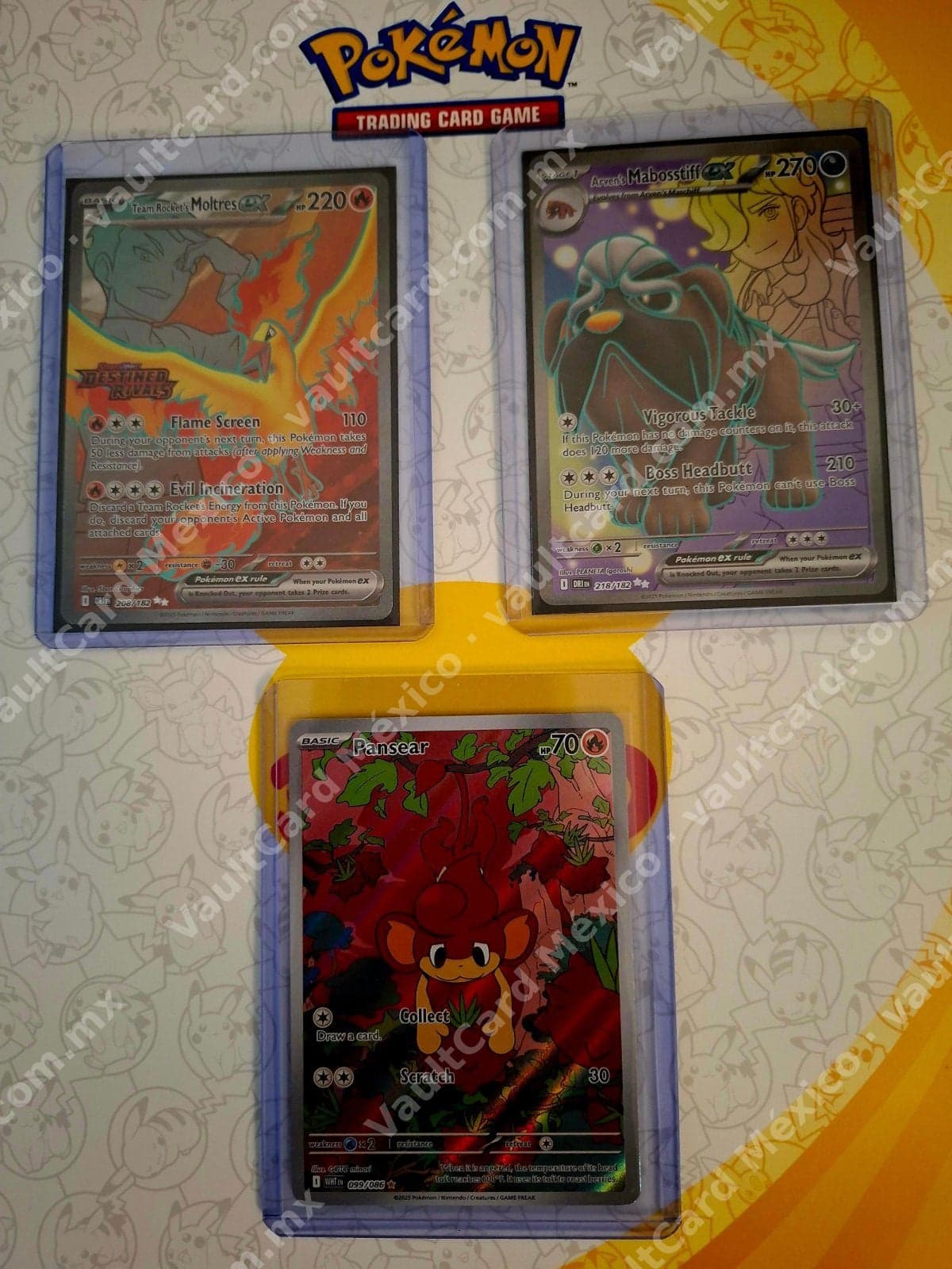 Lote 3 Cartas Pokémon - Moltres ex, Mabosstiff ex (DRI) y Pansear (Inglés)