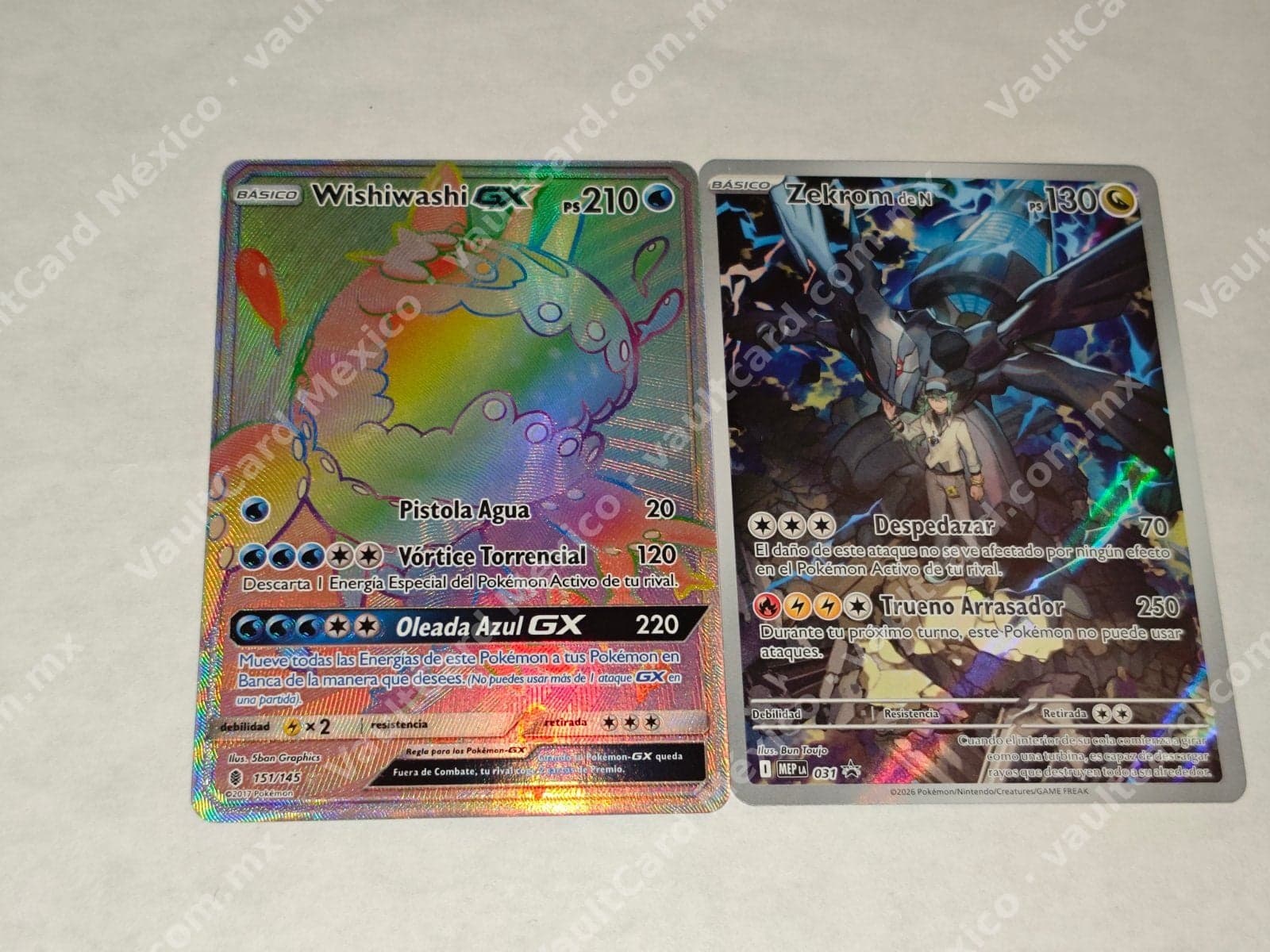 Lote 2 cartas: Wishiwashi GX 151/145 Rainbow + Zekrom de N 031 (MEP) Español