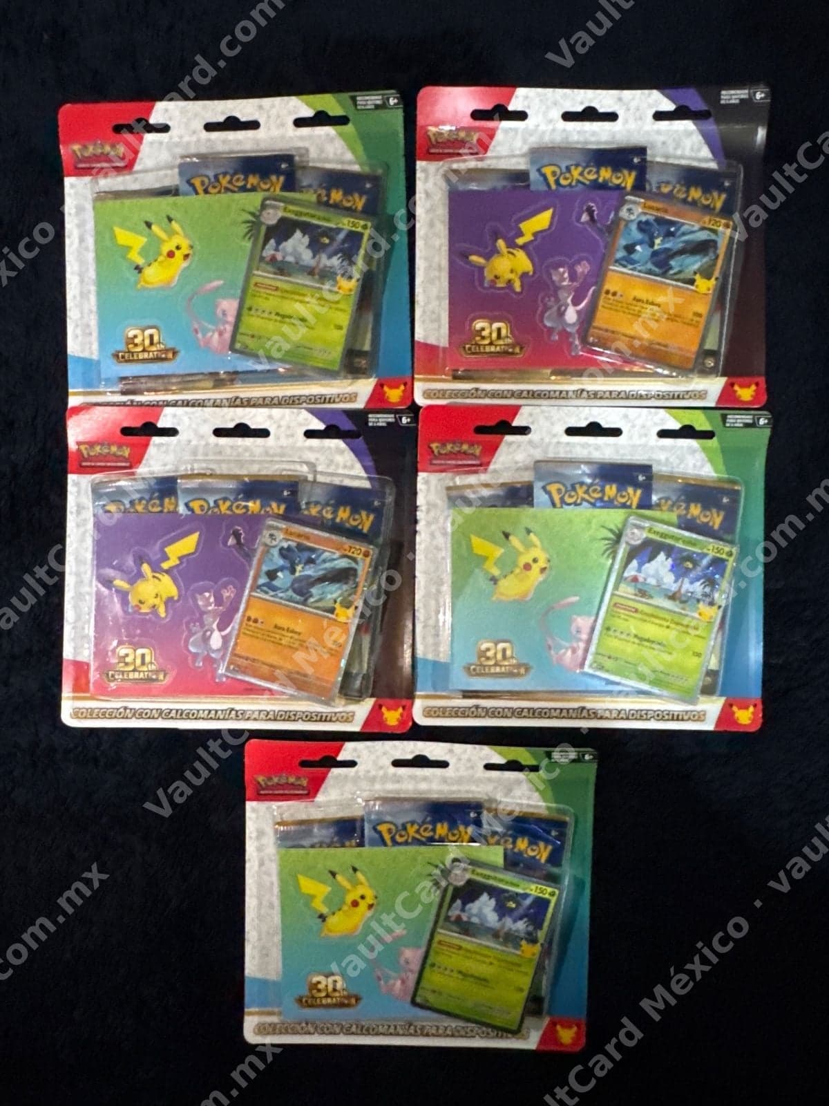Lote 5 Blisters Pokémon 30th Celebration - Colección con Calcomanías + Sobres Español