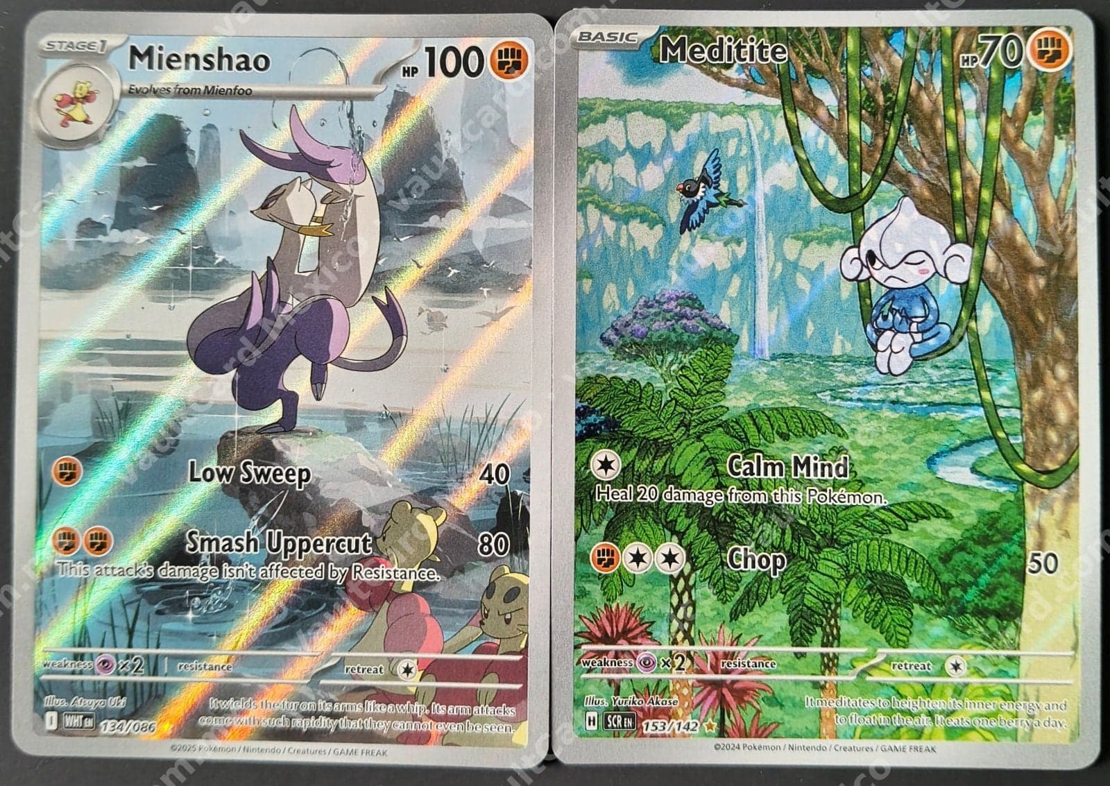 Lote 2 Cartas: Mienshao 134/086 (WHT) y Meditite 153/142 (SCR) Inglés