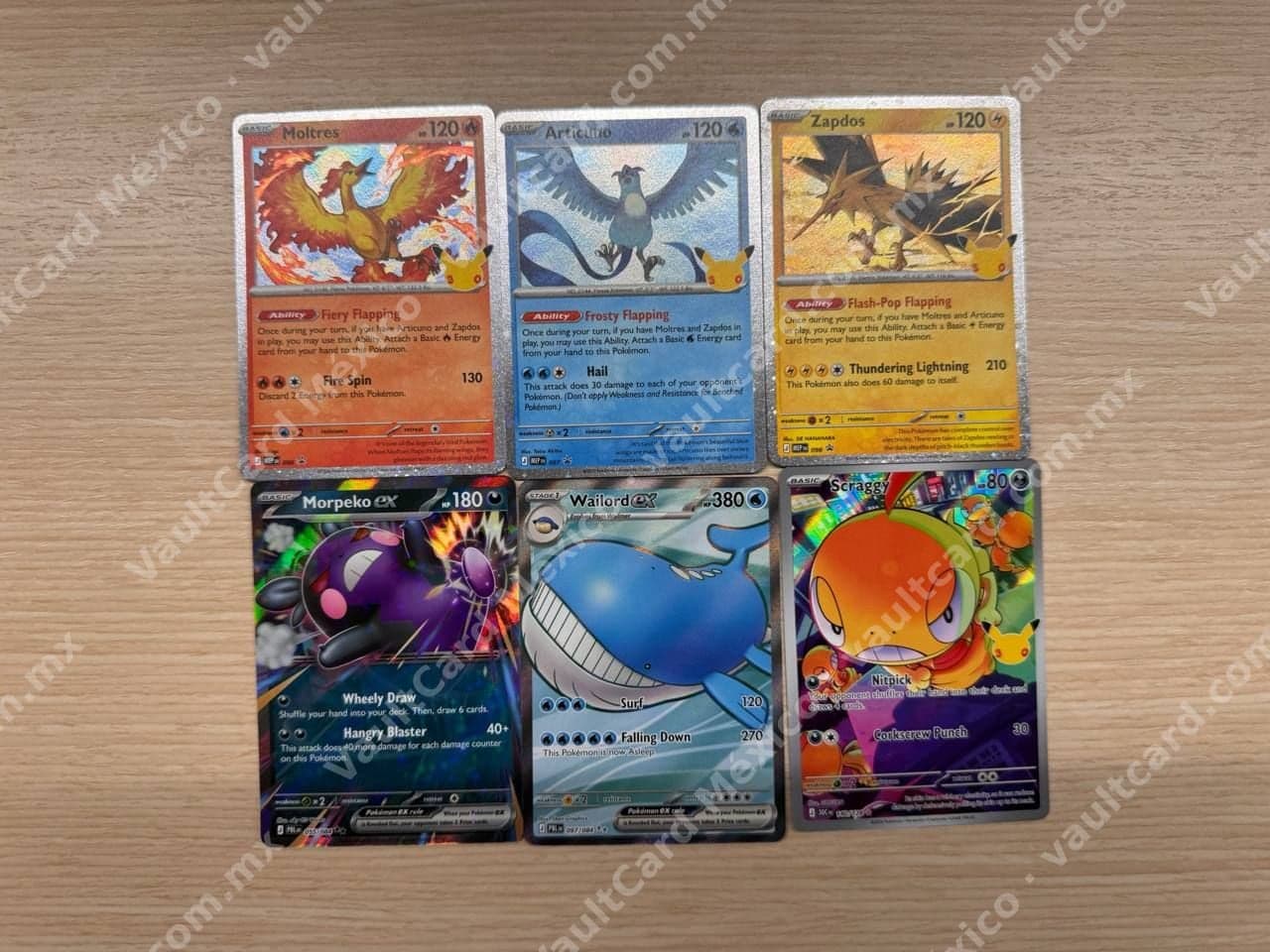Lote 6 Cartas Pokémon - Aves Legendarias Promo + Morpeko ex, Wailord ex y Scraggy (Inglés)