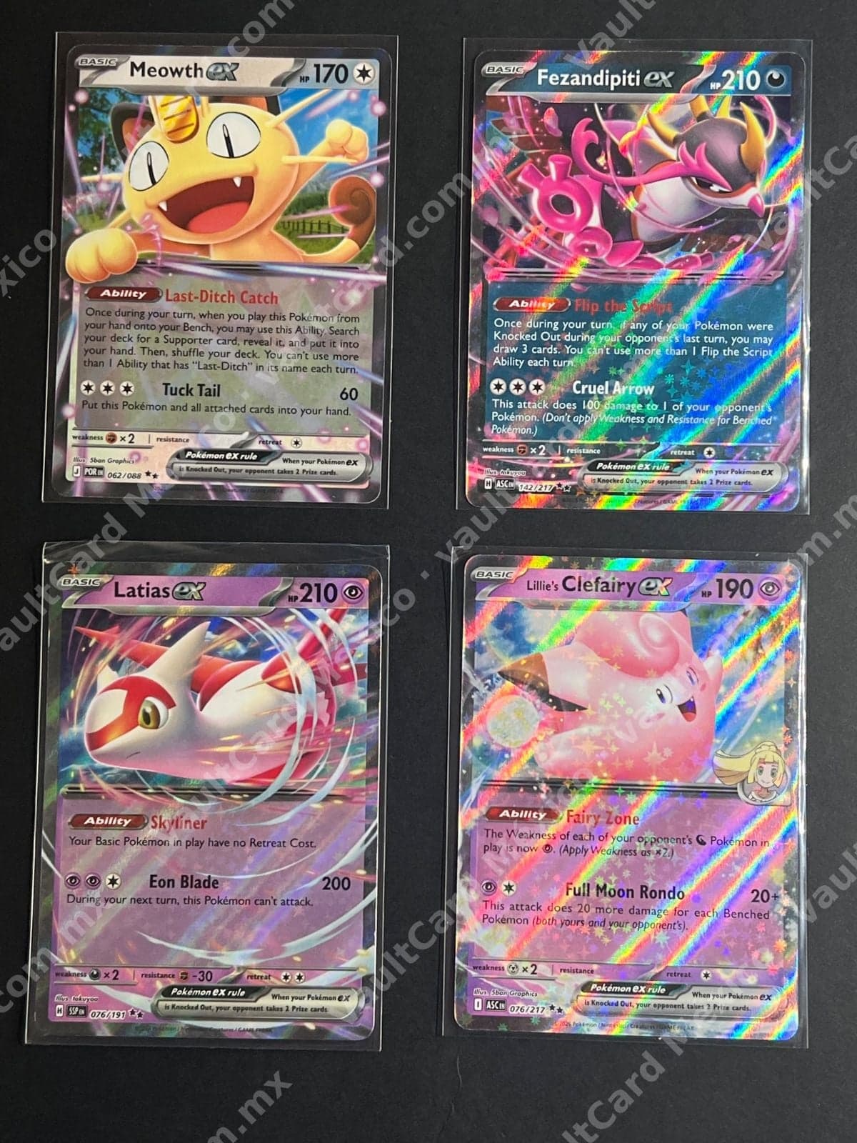 Lote 4 Cartas Pokémon ex - Meowth, Fezandipiti, Latias, Lillie's Clefairy - Inglés