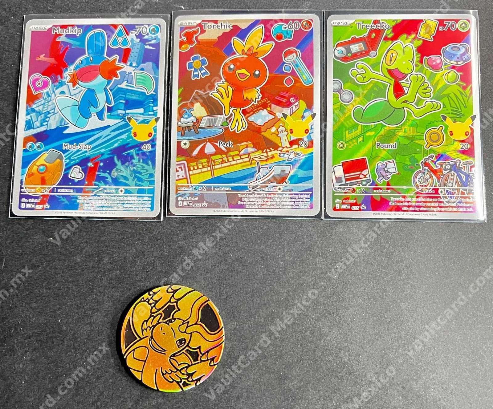 Lote Mudkip 057 Torchic 056 Treecko 055 Promo (MEP) Inglés + Moneda