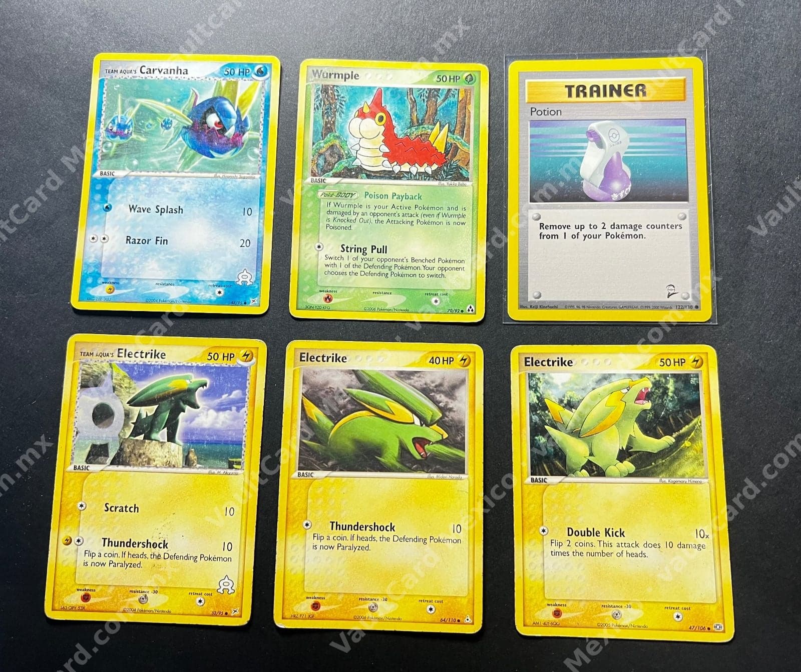Lote 6 cartas Pokémon TCG - Carvanha, Wurmple, Potion y Electrike (Inglés)