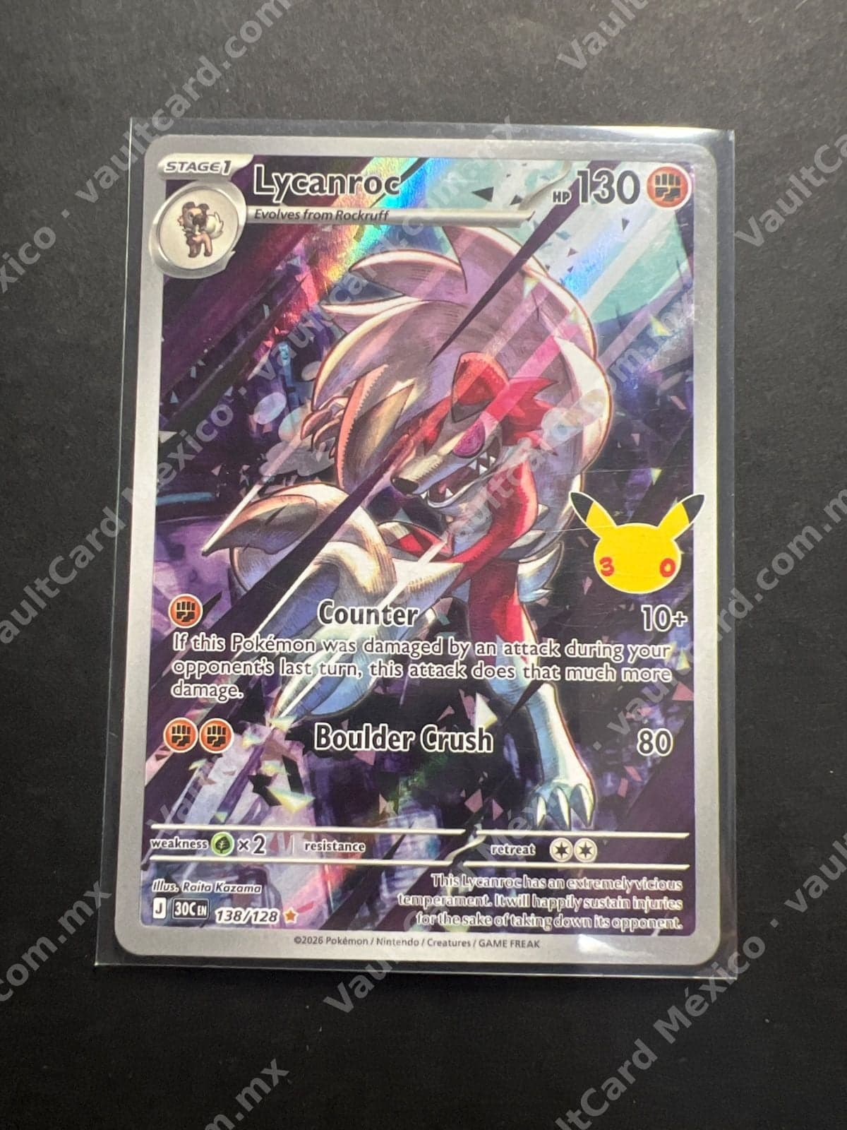Lycanroc 30th Celebration 138/128 - (30C) Inglés - Full Art Pikachu 30 Aniversario