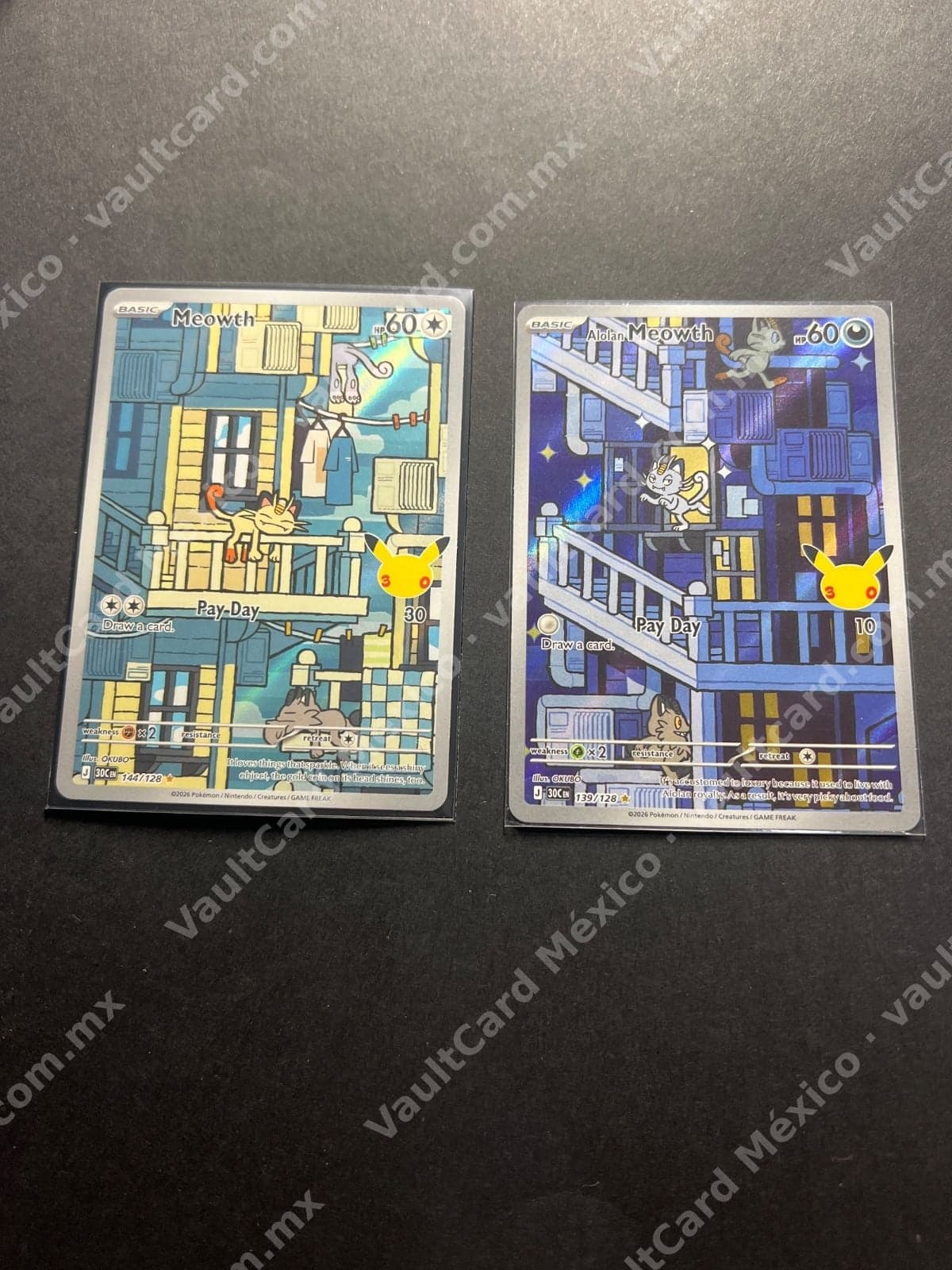 Lote Meowth 30th Celebration 139/128 y 144/128 - Illustration Rare Inglés