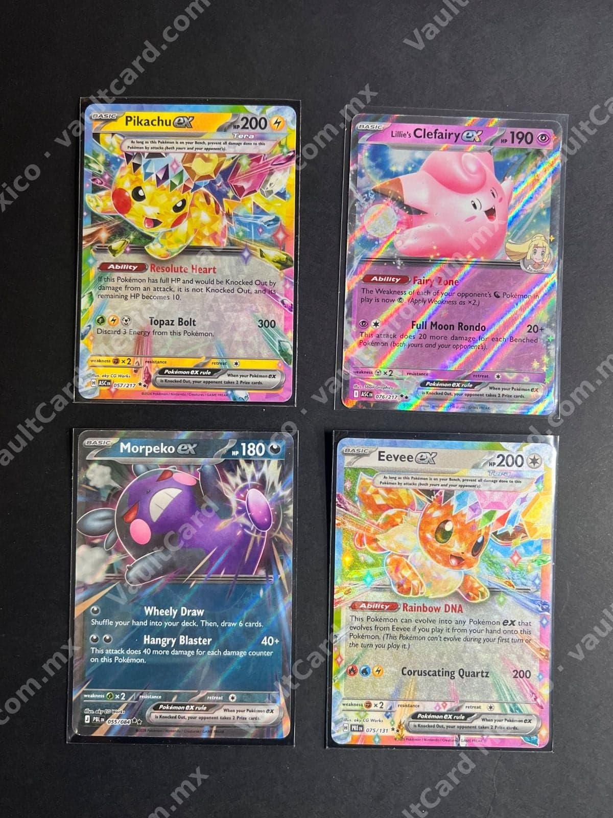 Lote 4 Cartas Pokémon ex - Pikachu, Lillie's Clefairy, Morpeko, Eevee (Inglés) — foto 1