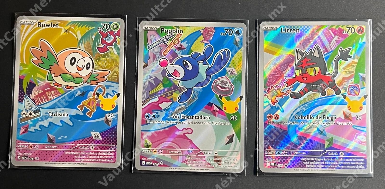 Lote 3 cartas Rowlet 043, Popplio 045 y Litten 044 - Promo (MEP) Español