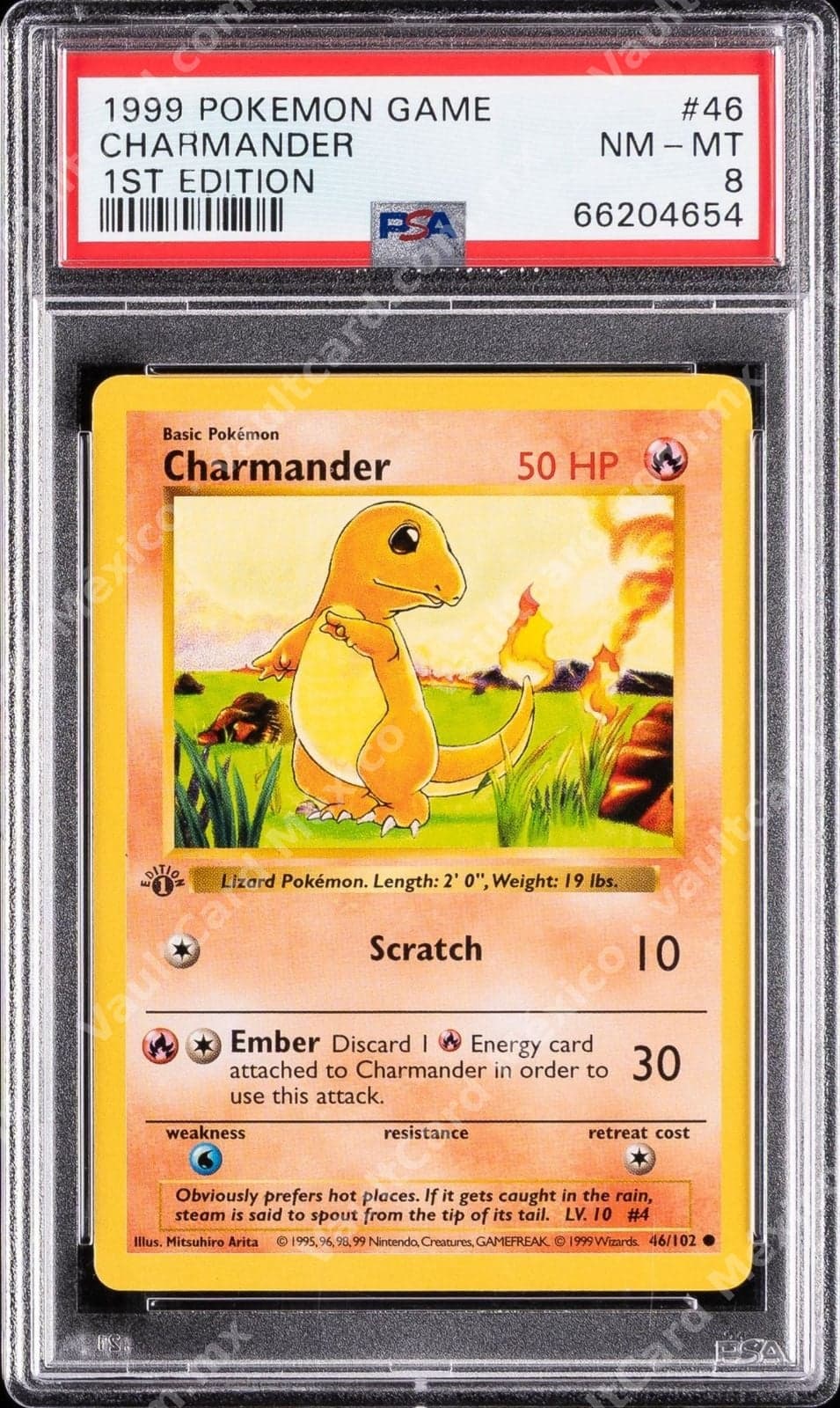 Charmander 46/102 - Base Set 1ª Edición PSA 8 Inglés (1999)