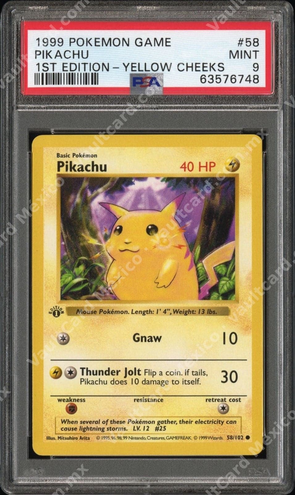 Pikachu 58/102 1st Edition Yellow Cheeks - Base Set PSA 9 MINT Inglés