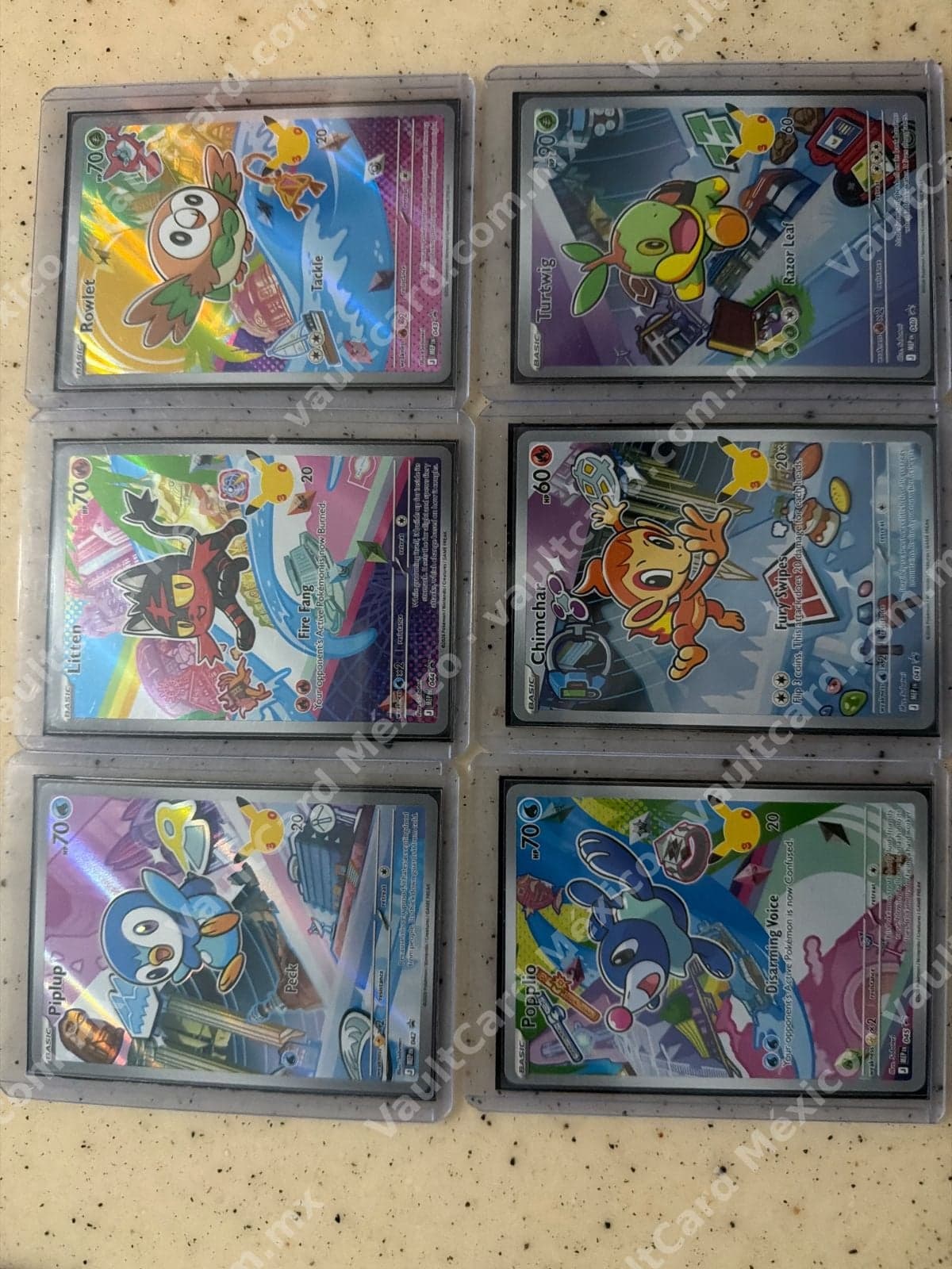 Lote 6 Cartas Starters con Pikachu (MFP) Inglés - Rowlet, Turtwig, Litten, Chimchar, Piplup, Popplio