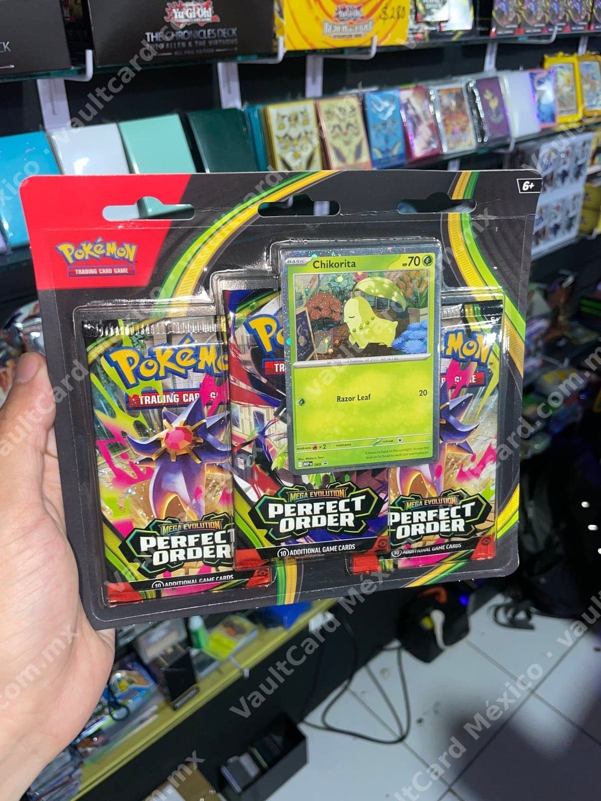Blister 3 Sobres Pokémon TCG Mega Evolution Perfect Order + Carta Promo Chikorita - Inglés — foto 1