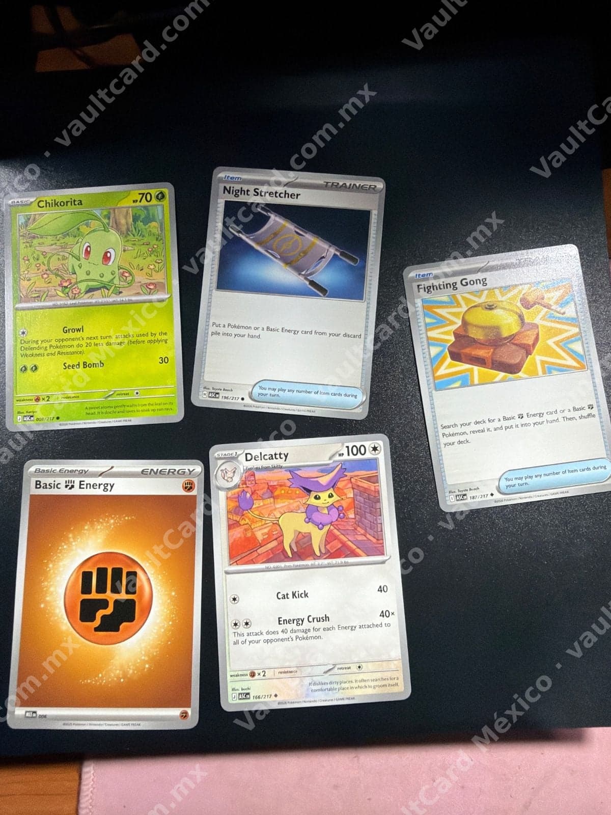 Lote 5 cartas Pokémon TCG (ASC) Inglés - Chikorita, Delcatty, Night Stretcher, Fighting Gong, Energy