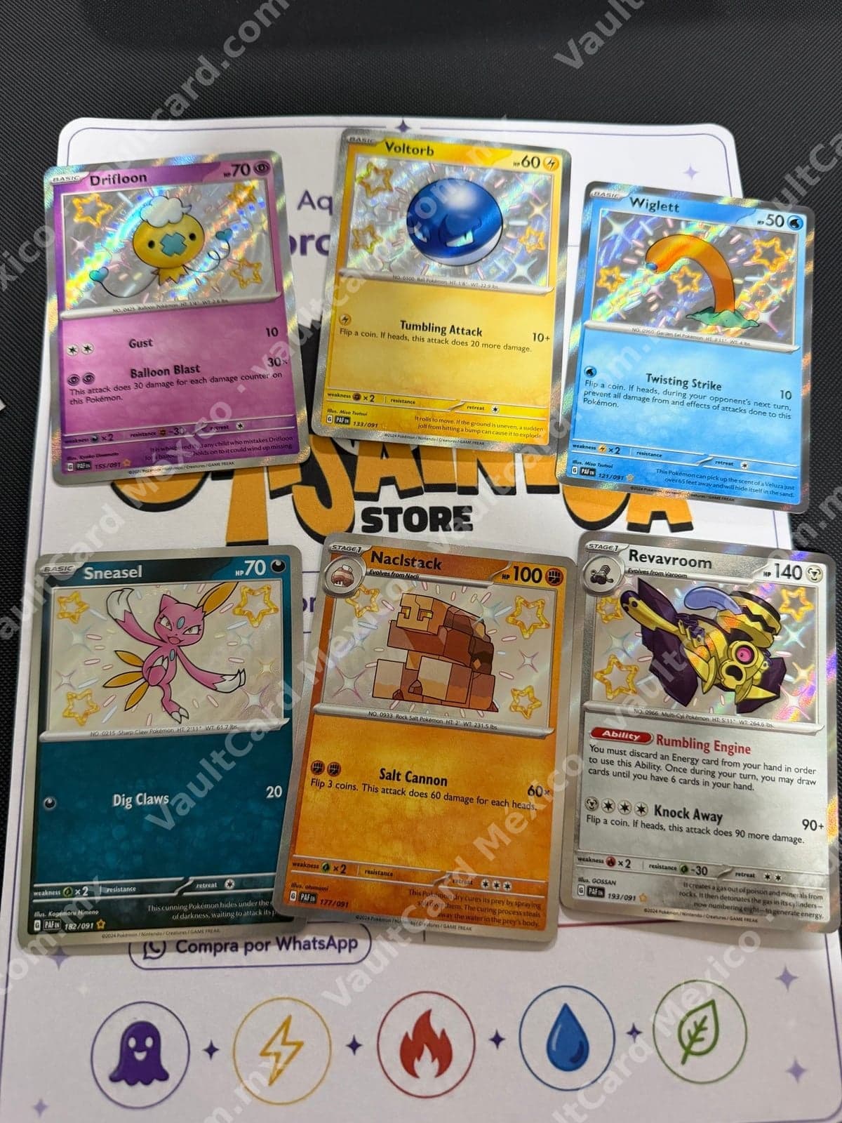 Lote 6 Cartas Shiny Paldean Fates (PAF) Inglés - Drifloon, Voltorb, Wiglett, Sneasel, Naclstack, Revavroom
