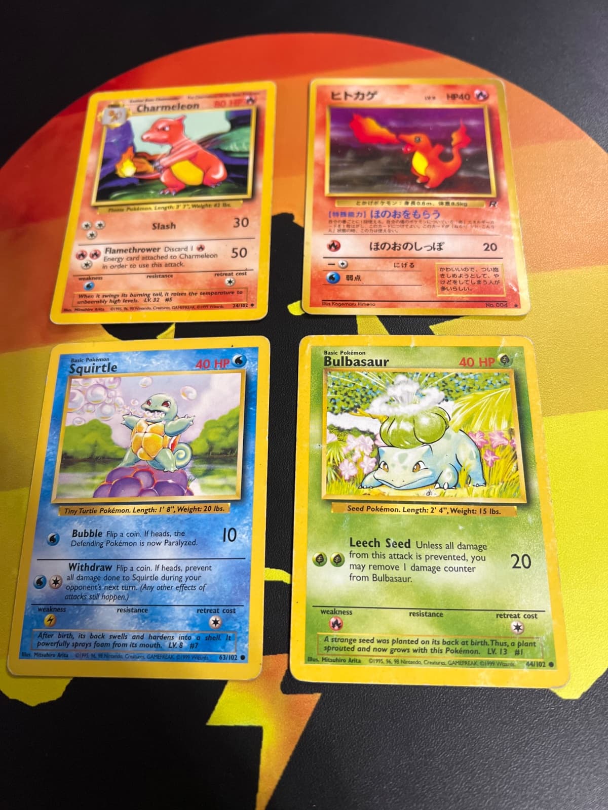 Lote 4 cartas Pokémon Base Set - Charmeleon, Squirtle, Bulbasaur (Inglés) + Charmander (Japonés)