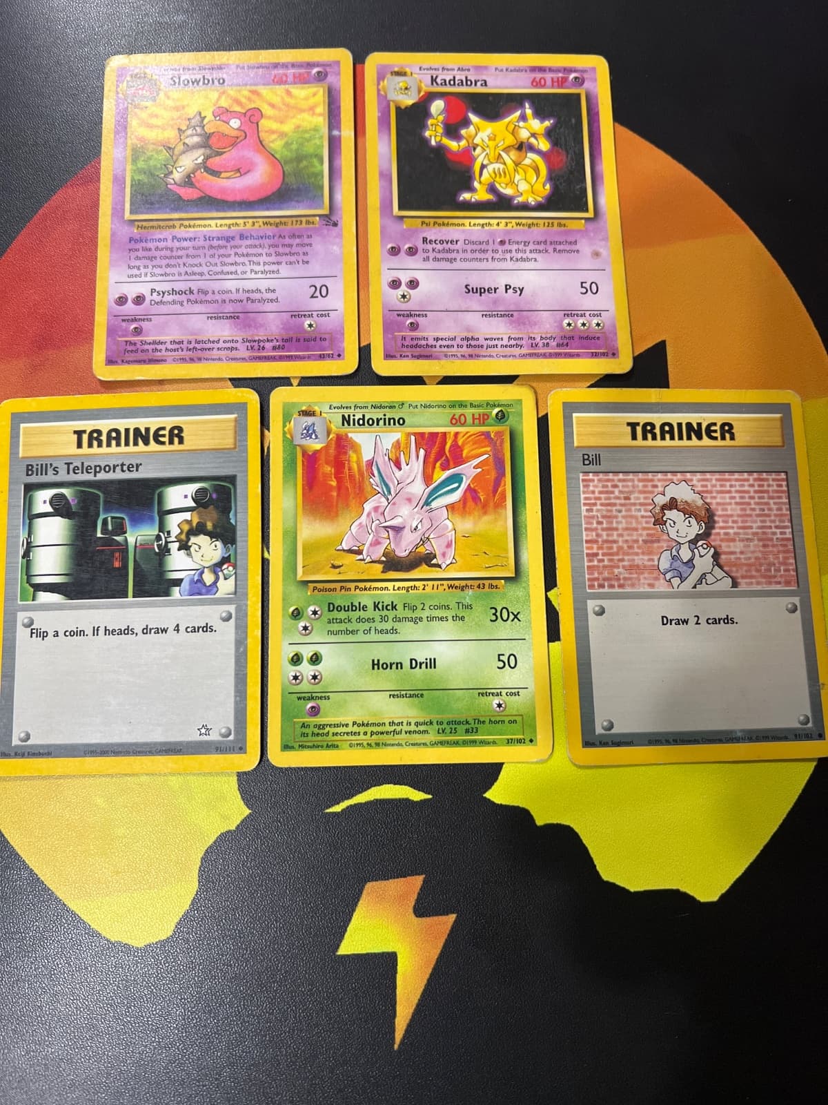 Lote 5 Cartas Pokémon WOTC Vintage - Slowbro, Kadabra, Nidorino, Bill's Teleporter y Bill (Inglés)