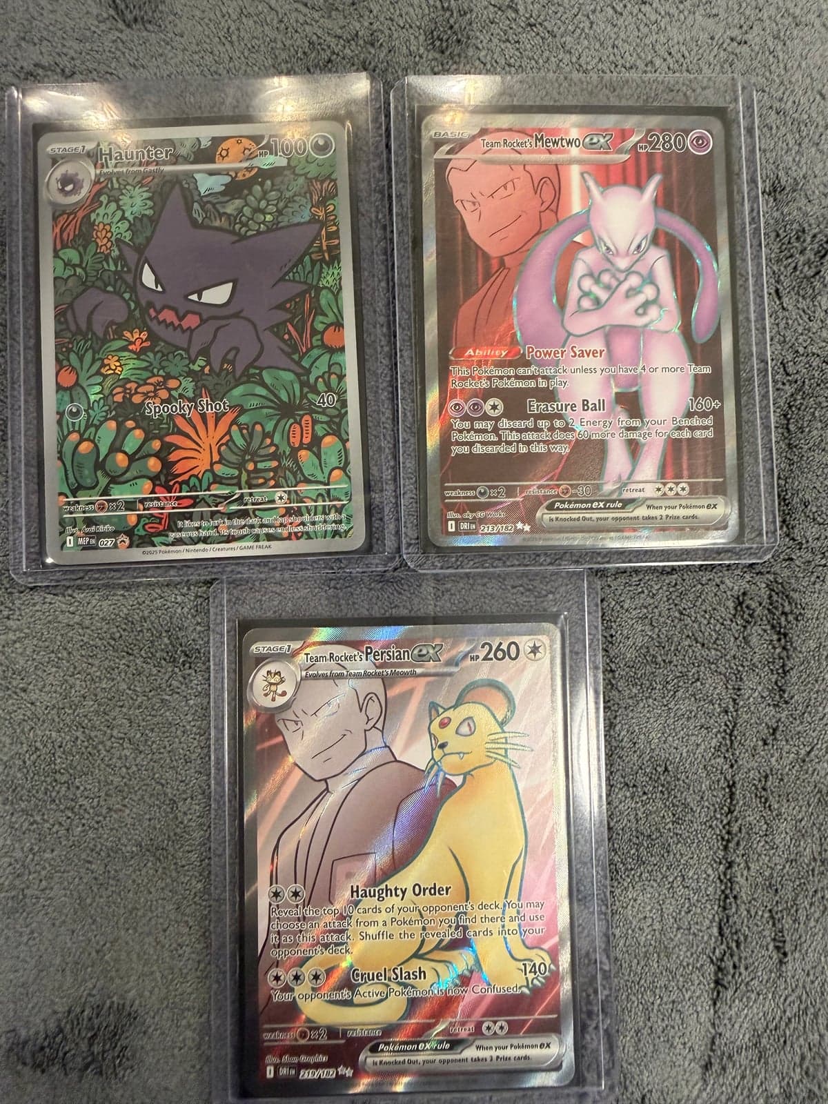 Lote 3 Cartas Pokémon - Haunter (MEP), Team Rocket's Mewtwo ex 213/182 y Persian ex 219/182 (DRI) Inglés